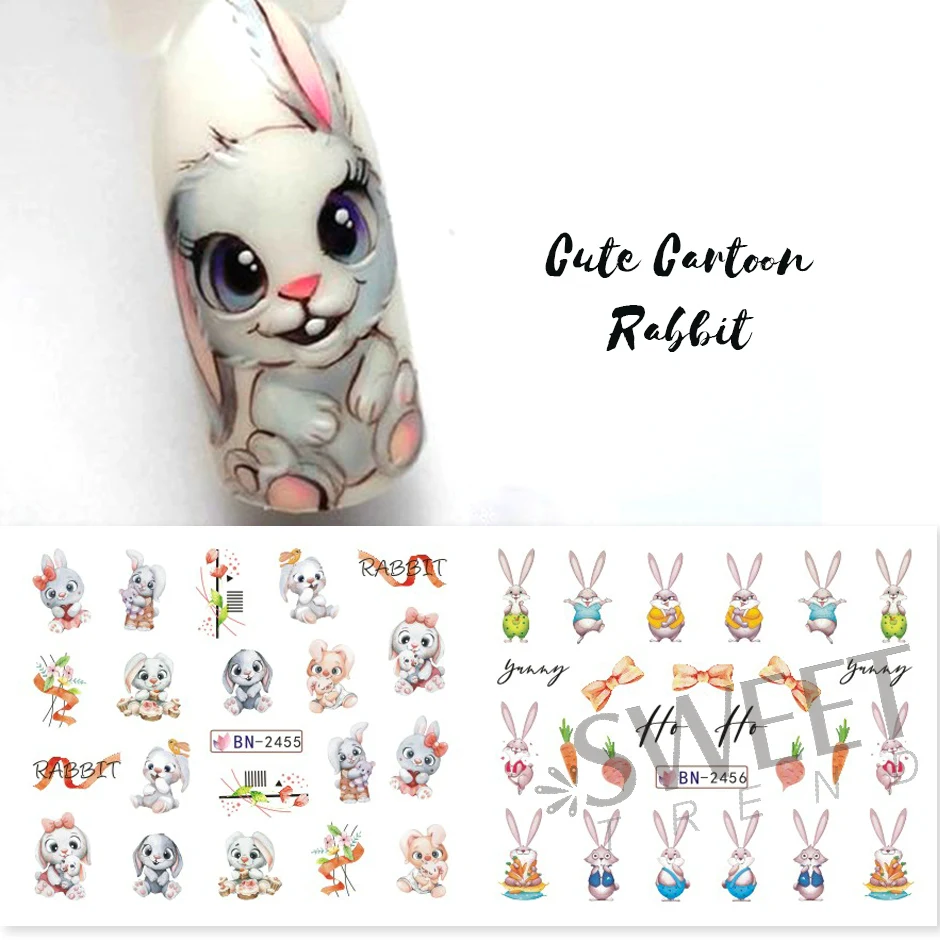 Saggezza Bunny Cursori per acqua per unghie Acquerello Cartoon Design Fiore Foglia Primavera Decalcomanie Foil Accessori fai da te Adesivo filigrana