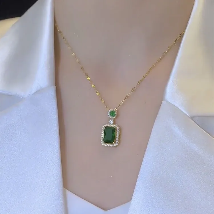 

Korean Vintage Green Zircon Pendant Necklace For Women Jewelry 2026 Trending New Fashion Women's Gold Color Crystal Necklaces