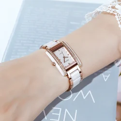 Oupai rectangular dial, stainless steel between, white ceramic strap, women's date display, quartz set with diamonds, scratch-re