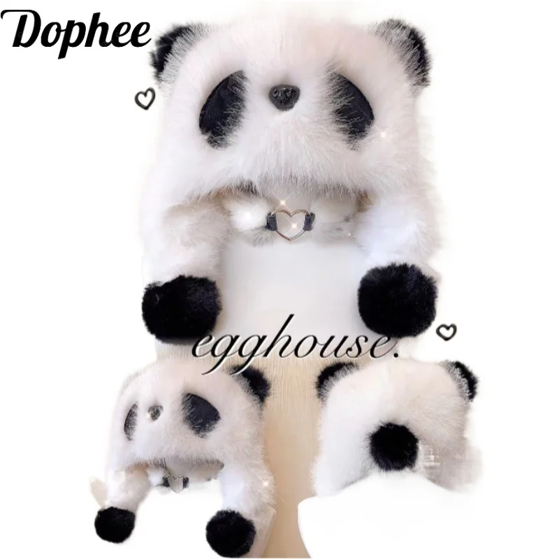 Dophee Original Cute Panda Fluffy Caps Women Autumn Winter Thicken Warm Headgear School Students Plush Hats 2024