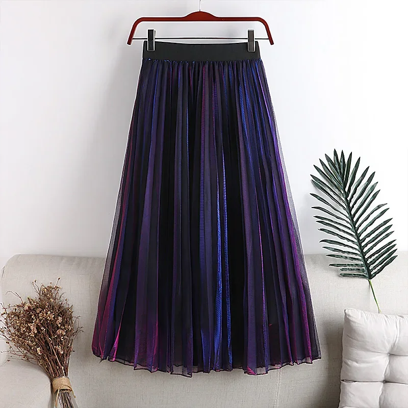 

New Summer Skirts Woman Mid-Calf Mixed Color Gradient Mesh Skirt A-Line Elegant Female Glitter Tulle Skirt Faldas Saias A347