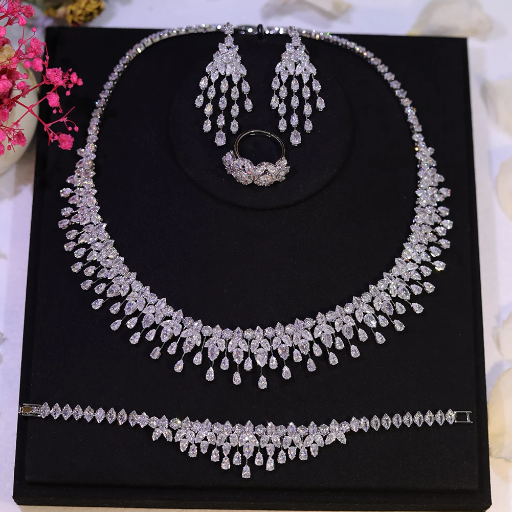 Sparkling Bridal Necklace Luxury Full Zircon Jewelry Sets For Women Party, Luxury Dubai Nigeria Wedding Bridesmaids Accessories