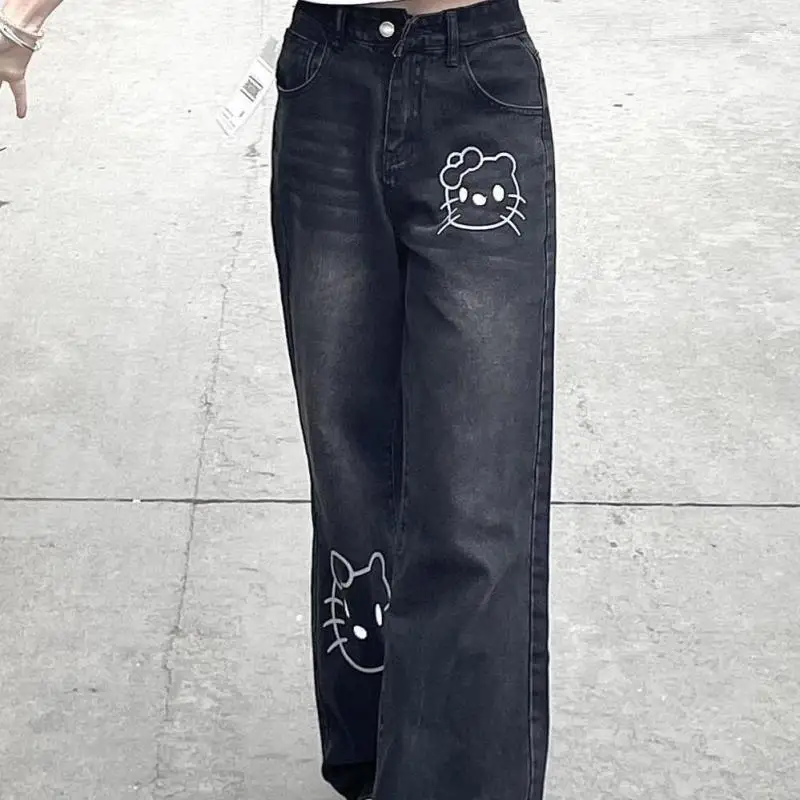 Kawaii Hollekitty Jeans Women's Printed High Waist Loose Straight Casual Pants Sanrio Versatile Popular Fashion Motorcycle Pants image 5