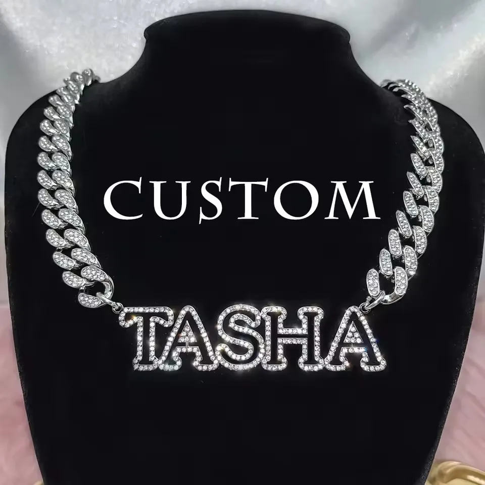 Zircon Name Necklace Custom Bling Name Necklace 12mm Miami Cuban Link Choker 3D Father Day Gift Hollow Name Pendant Men Necklace