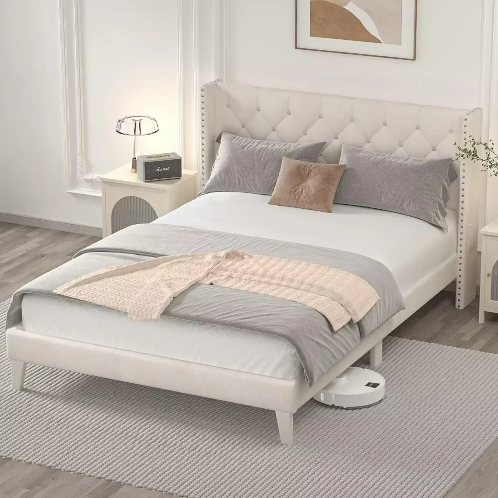 Queen Size Bed Frame with LED Lights, Upholstered Bed Frame with Wingback Diamond Tufted Headboard,