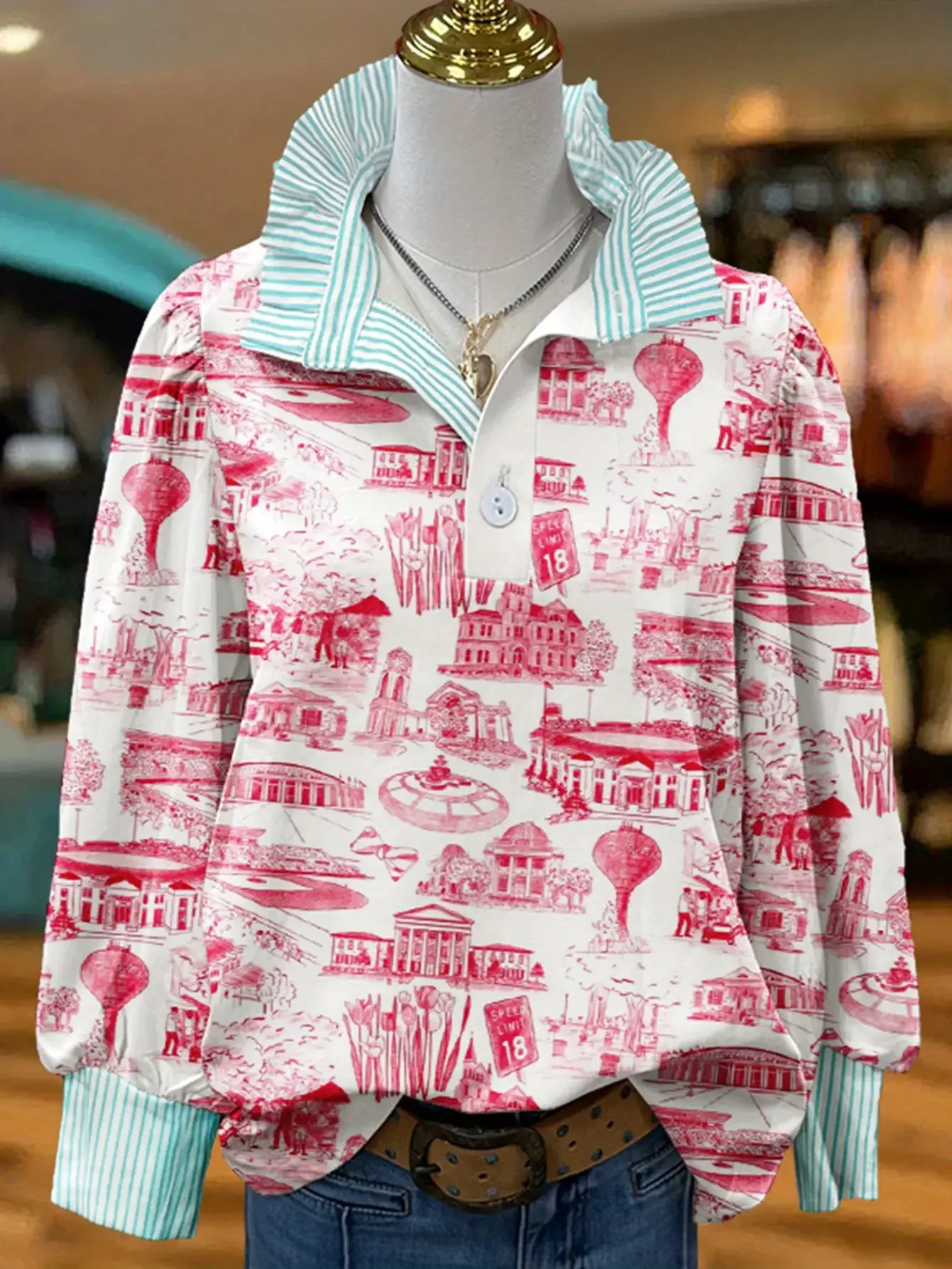 Christmas Women's Top Spring and Autumn Winter Women's Stand up Collar Long Sleeve Shirt, lapel, printed shirt