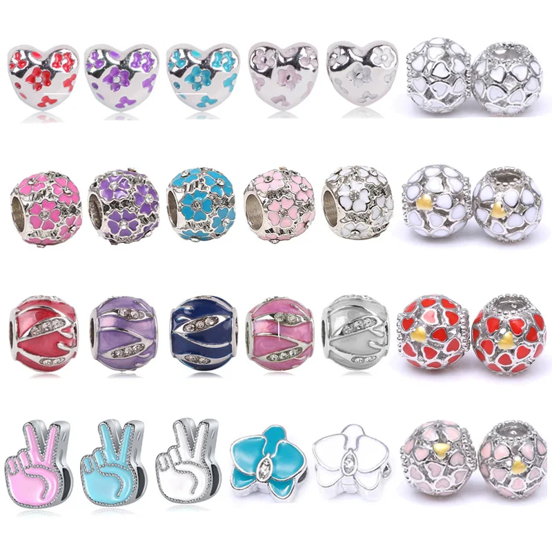 

Boosbiy 2pc Spring Style Silver Plated Heart Flower Beads Charms Fit Brand Bracelets Necklaces For Women DIY Jewelry Making