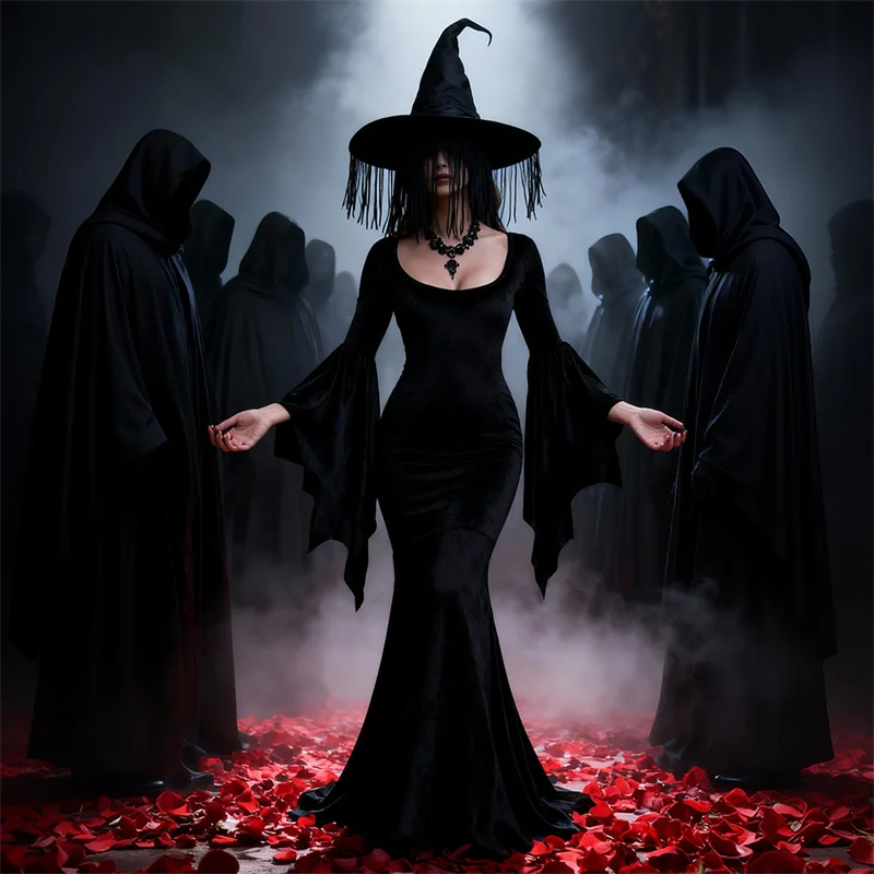 

Black Witch Dress with Irregular Hem Dark Gothic Witch Vampire Costume Ghost Bride Long Dress Performance Costumes Feature