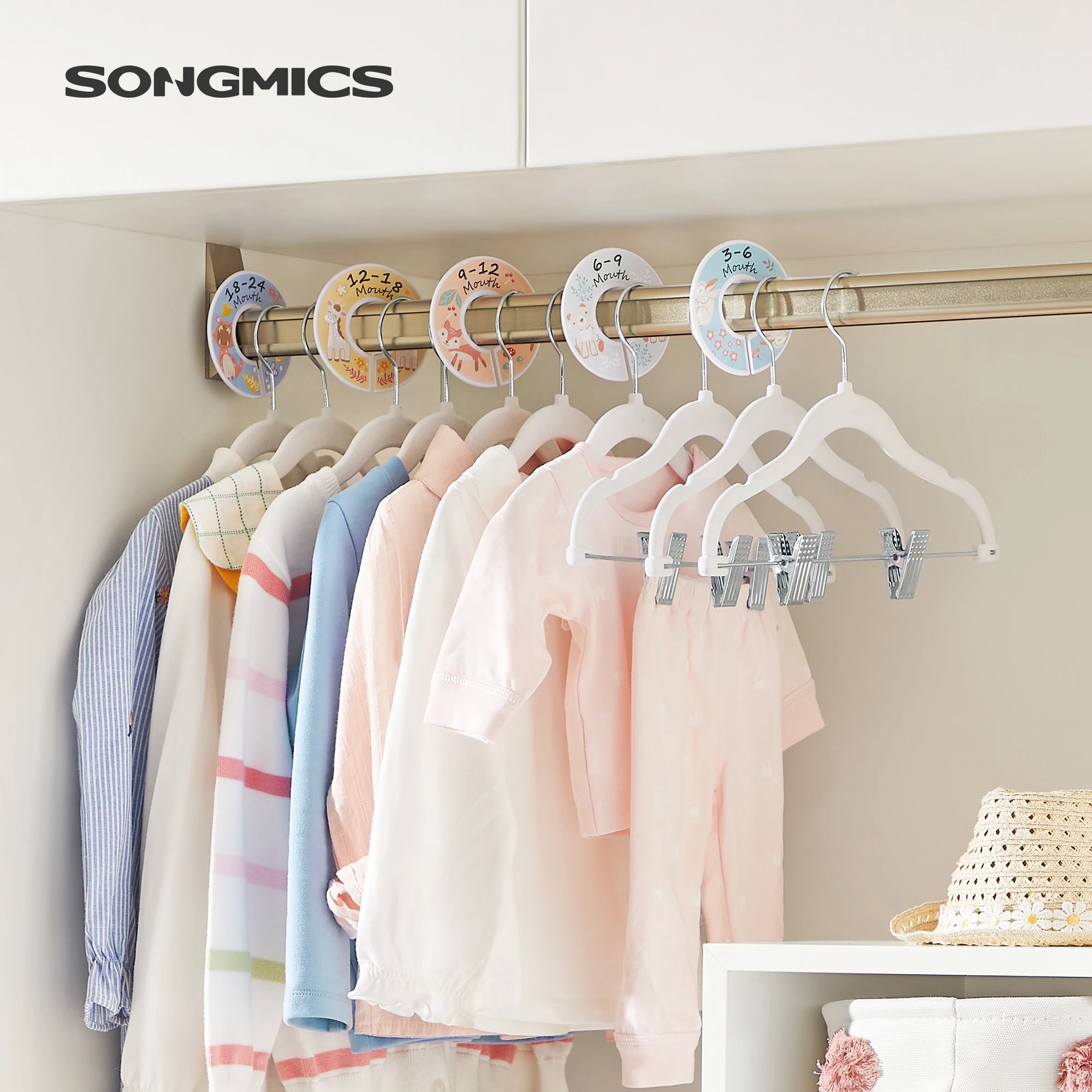 SONGMICS Baby Hangers, 30 Packs Pants Hangers with Clips, Kids Hangers with 6 Clothes Dividers,Non-Slip Children’s Clothes Hang