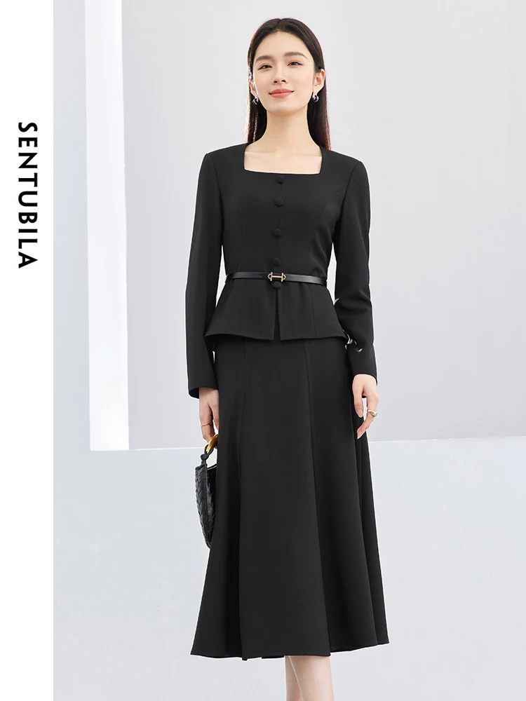 GENTUBILA-Ensemble jupe noire élégante pour femme, tenue 2 pièces, haut à col carré, jupe assortie, nouveau, automne 2024, 141Z52563