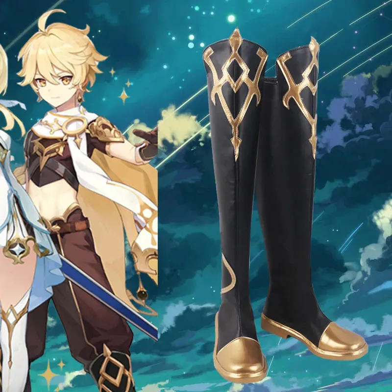 أحذية COS Aether Genshin Impact Anime Traveler الرائدة من الجلد الصناعي لعبة الأثير للذكور أحذية لعب الأدوار في الهالوين
