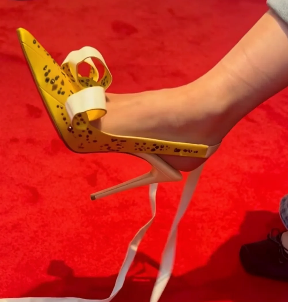 Yellow Pointed-Toe Stiletto Heels Large White Satin Bow Ankle Wrap Ties Leather Upper Elegant Lady Footwear for Evening Styling