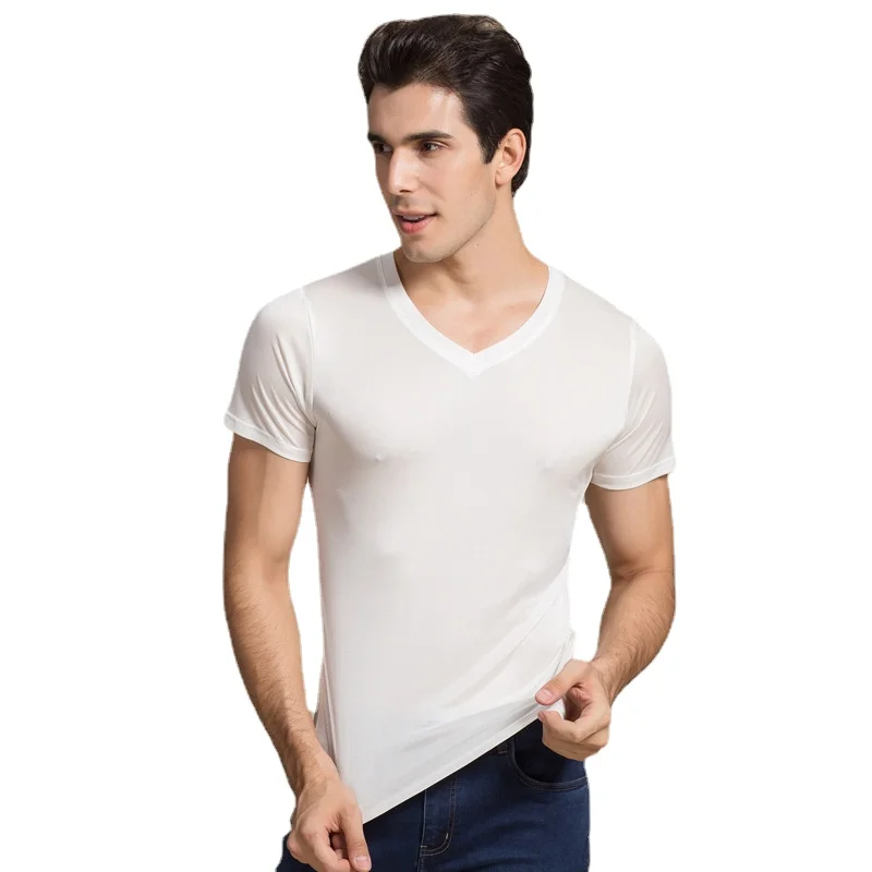 100% Naturalnego Jedwabiu Dzianiny męska Koszulka Dwukrotnie obliczu Dzianiny Czystego Jedwabiu Mężczyźni T-shirt Jedwabiu Koszulka Męska 100% Jedwabiu topy