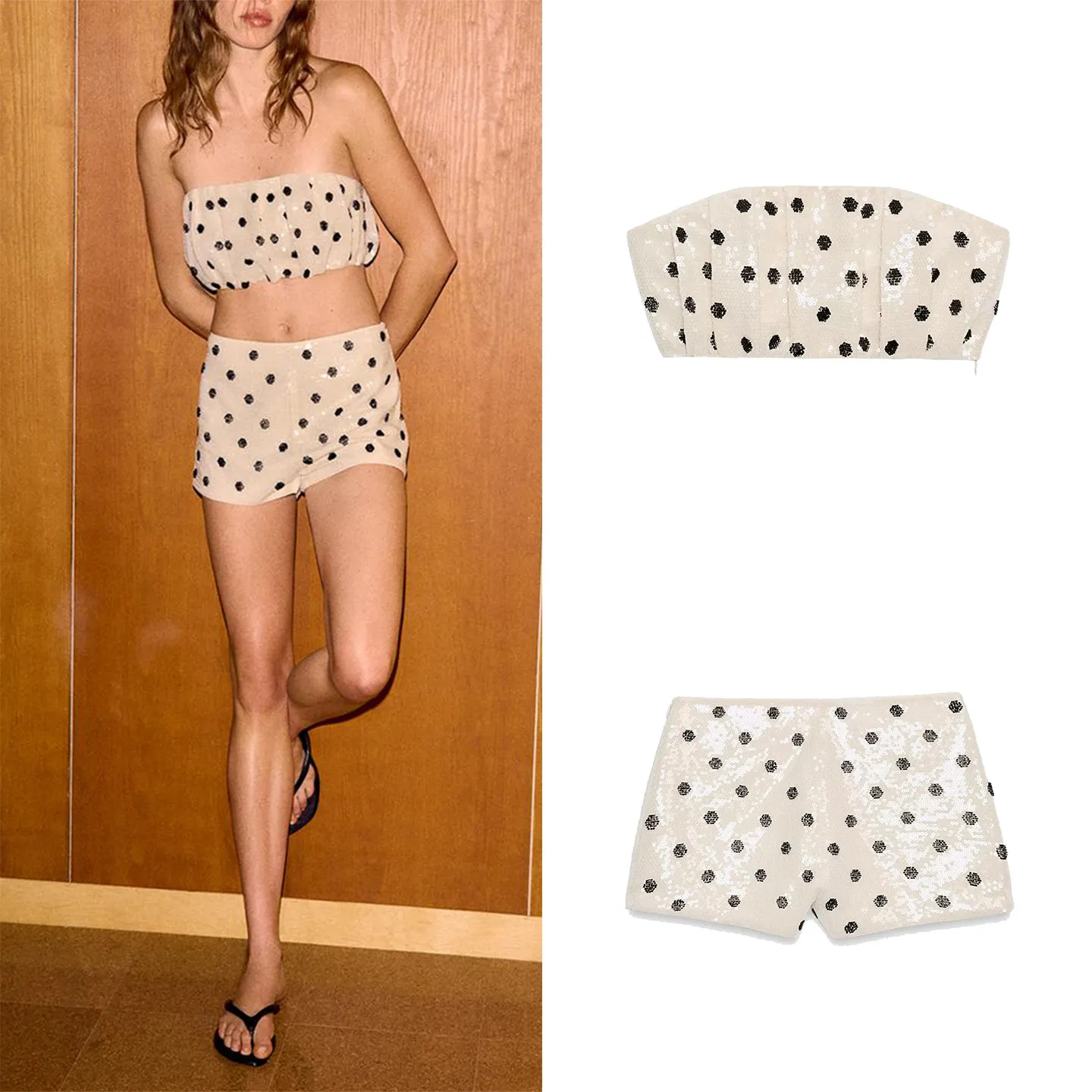 

Summer New Women's Shoulder Bared Bead Embellished Shorts with Headband Two Piece Set Short Pants Versatile Seasonal Wear