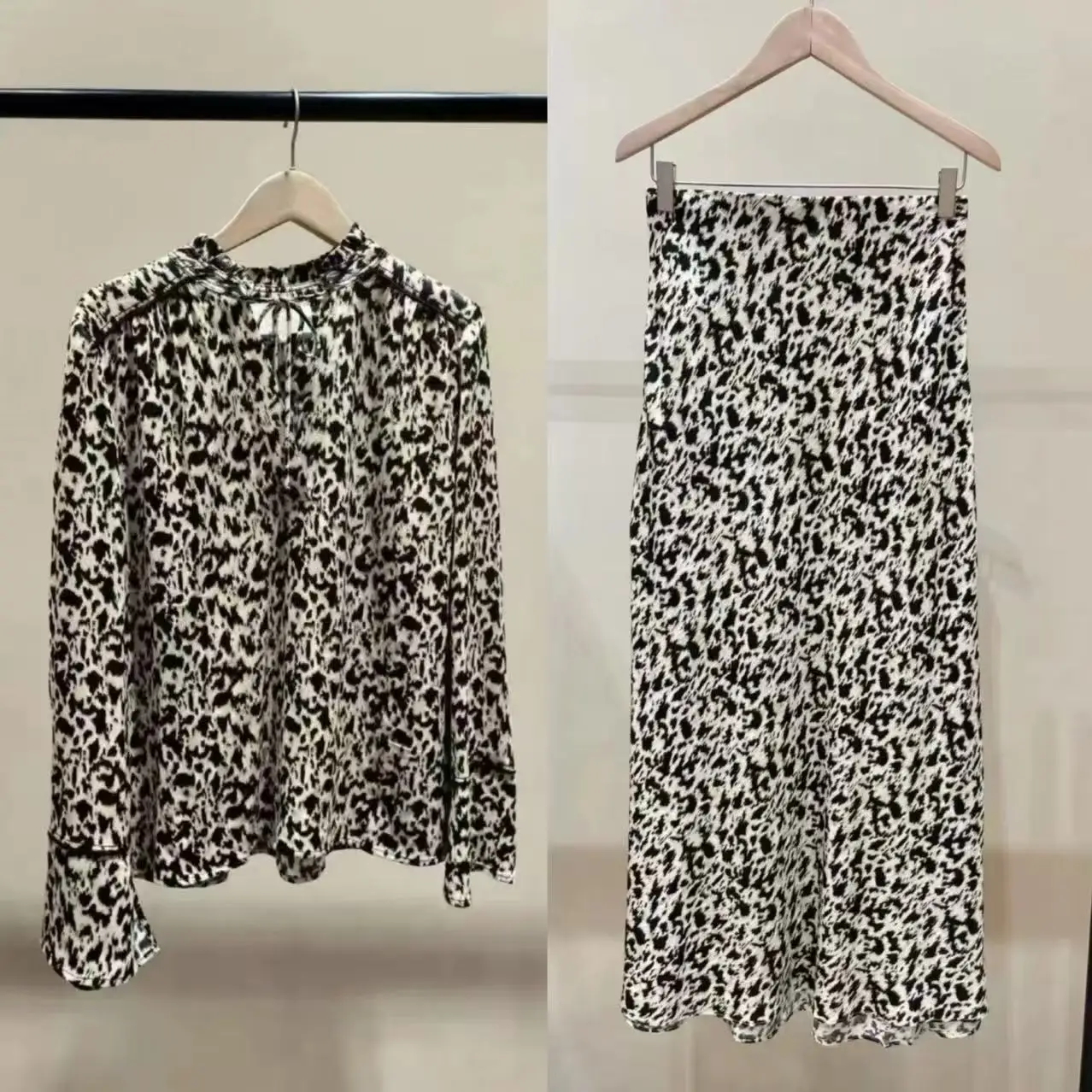 

Retro Leopard Print V-Neck Long Sleeve Shirt High Waist Slim Fit Skirt Women's Fashion Spring Summer New Arrival French ...