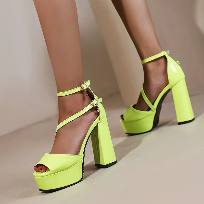 Very Big Size 49 50 Open Toe Burgundy Neon Yellow Color Sexy Female Party Pumps Block High Heeled Bride Shoes Platform Sandals