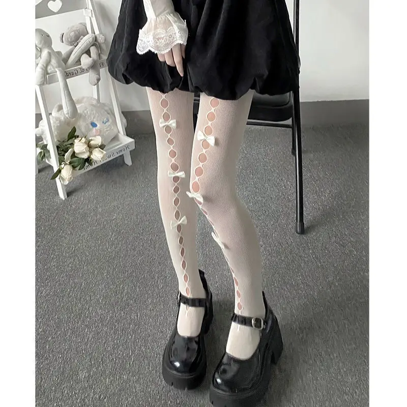 JK Lolita Girls Thigh High Stockings Pantyhose Hollow Out Mesh Fishnet Tights Women Japanese Style Velvet Bow Kawaii Cute Tights