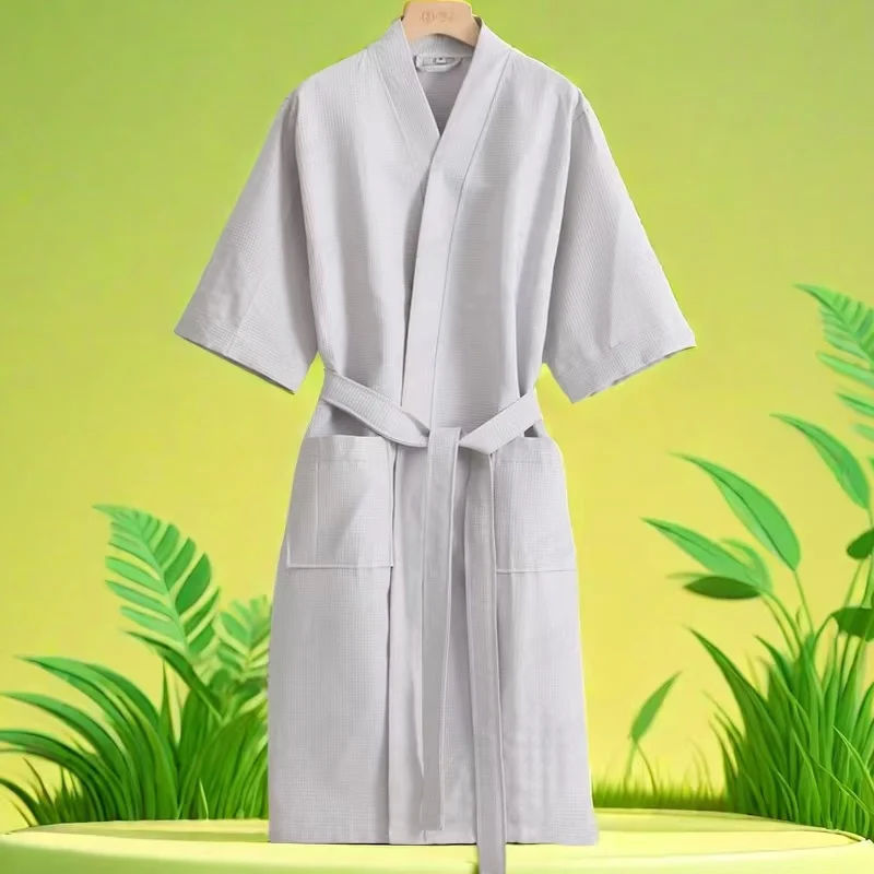 Women Water Absorption Bath Robe Solid Waffle Bathrobe Spa Home Dress Nightgown