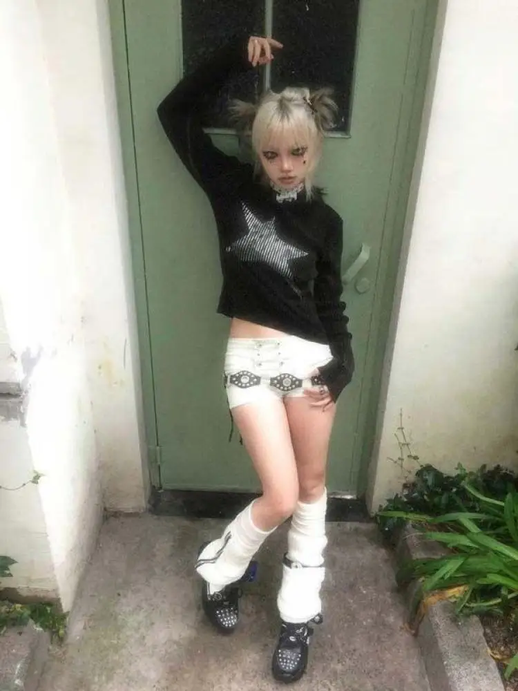 Genayooa Y2k Retro T Shirt Women Print Stars Crop Tops Streetwear Vintage Tops 2000s Japanese E-girls Autumn Winter Tshirts