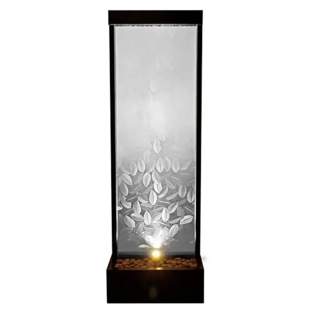 

Modern Glass Panel Fountain with LED Light 72" Indoor/Outdoor Waterfall Embossed Leaves Design Relaxing Water Sounds Durable