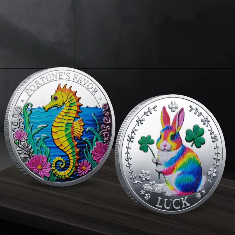 1pc Rainbow Bunny Ocean Seahorse Lucky Commemorative Coin Fortune's Favor Four Leaf Clover Good Luck Souvenir Token Gifts