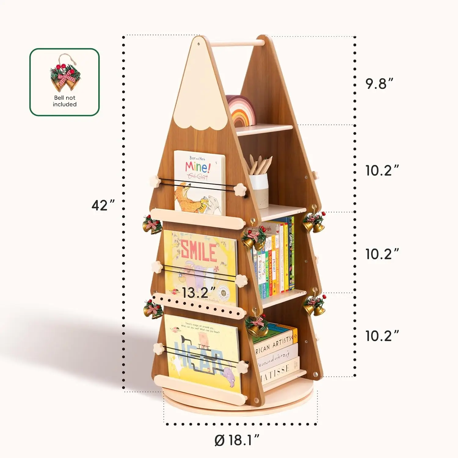 Four Tier 360 Rotating Solid Wood Spinning Bookshelf Tower Floor Standing Small Corner Bookcase Display Shelf Kids Rooms Classro