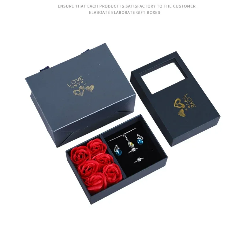 Window Opening Jewelry Box Romantic 6 Rose Pendants Ring Bracelet Valentine\'s Day Eternal Flower Jewelry Gift Packaging Box Bag