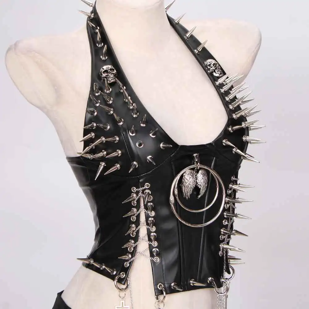 Goth Tops E-Girls Y2K Gothic Tank PU leather Black Rave Festival Spiked Vintage Punk Rock Clothes Grunge Emo Clothing Boho