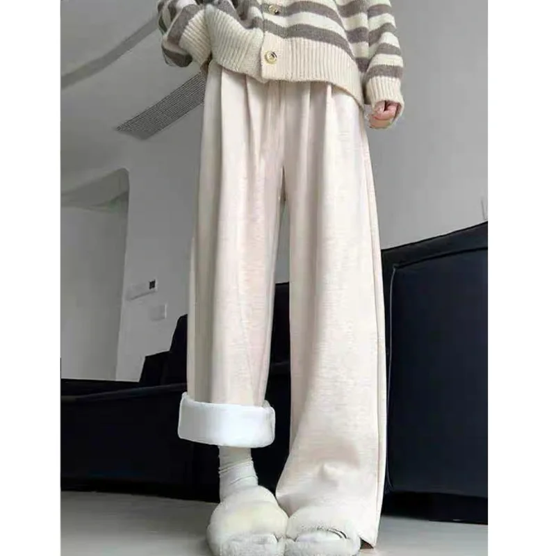Calças de perna larga inbeige feminino inverno veludo duplo-deck estilo nórdico forro de veludo botões sherpa em relevo durável em camadas ins