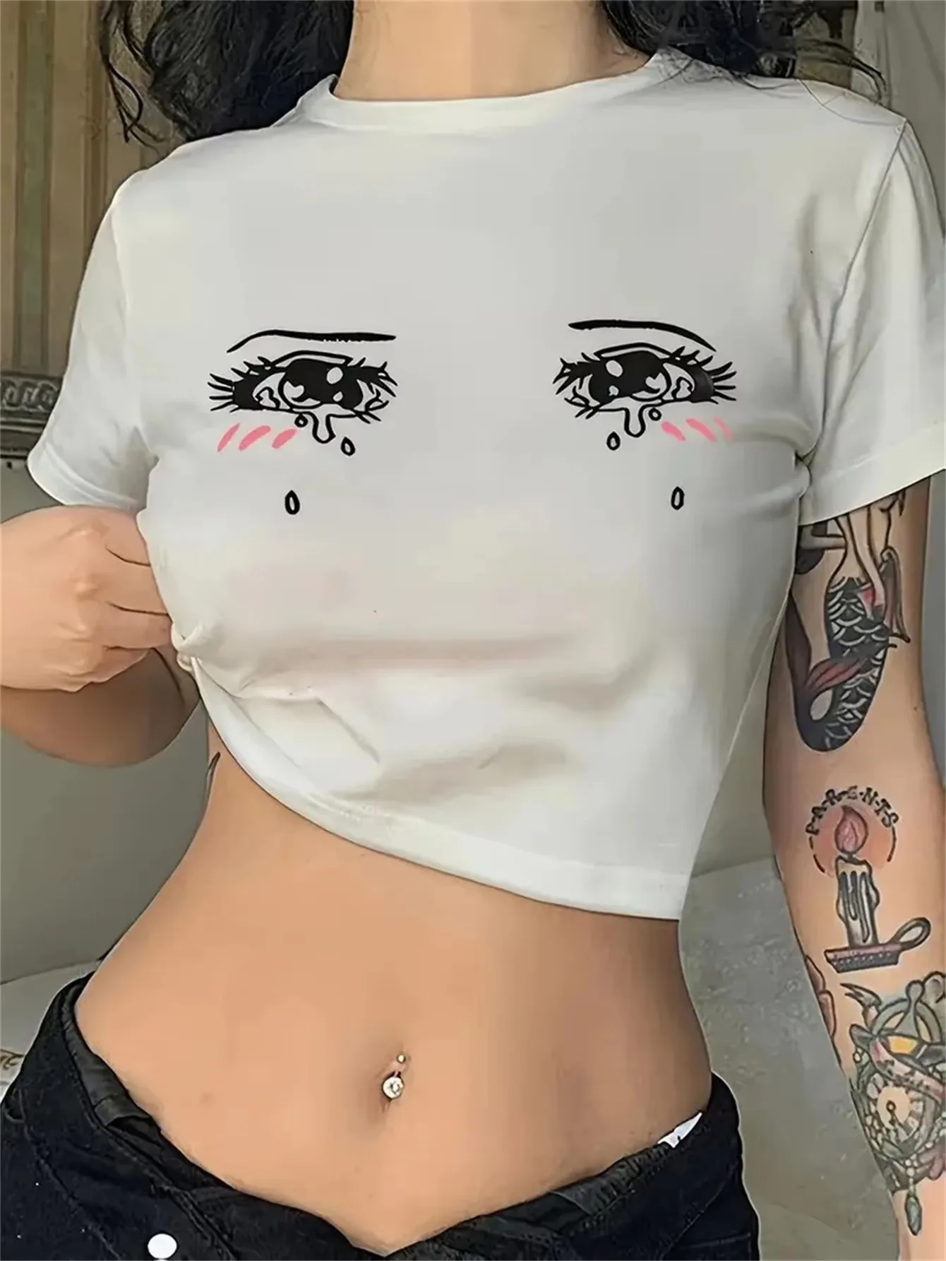 Anime-Inspired Crying Eye Print T-Shirt Short Sleeve Casual Comfortable Ideal for Daily Wear Fashionable Y2K Gift for Women