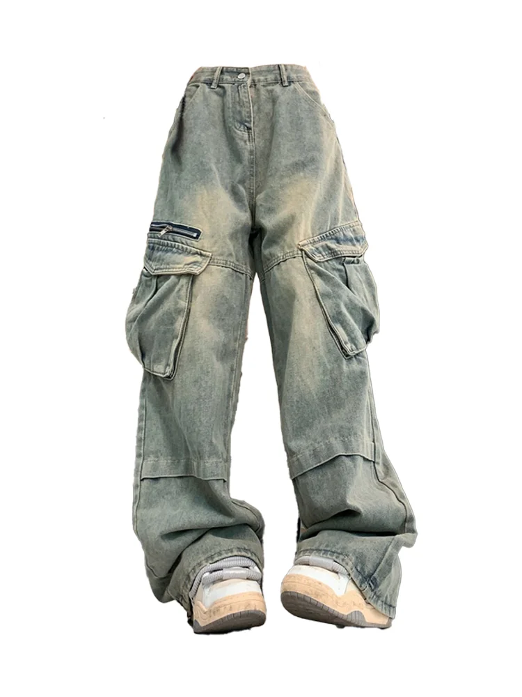 

Женские синие повседневные джинсы-карго, мешковатые Y2K, японский Harajuku, эстетические винтажные повседневные брюки, джинсовая одежда, новинка 2023 года