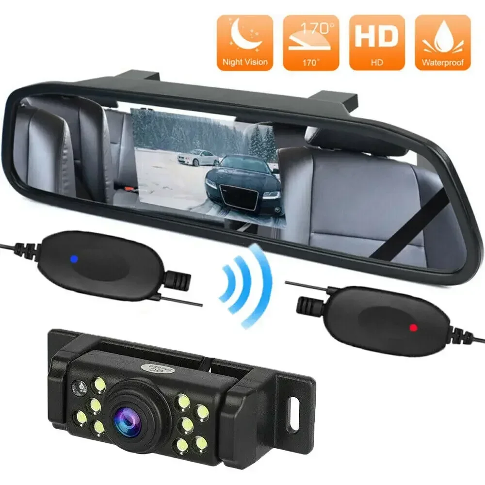 QueenDer Wireless Car Reversing Backup Camera 4.3inch Vehicle Rear View Monitor Mirror Parking Kit