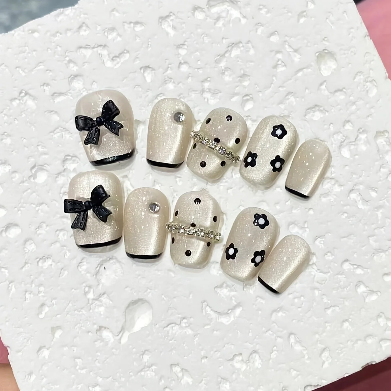 10pcs high-end French cat eye bow handmade fake nails, Silvery cat-eye Translucent White nail patch for women