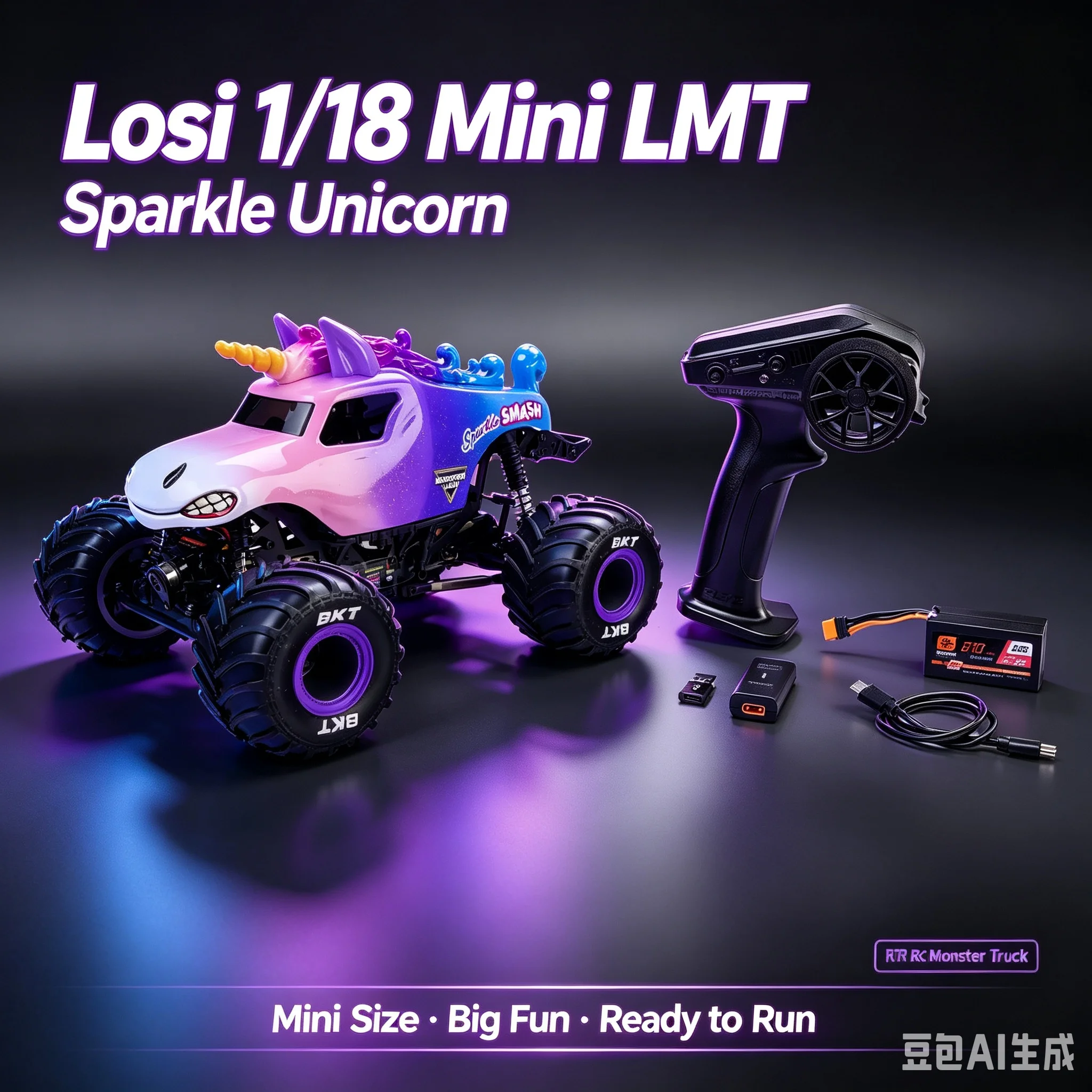 Losi 1/18 LMT Sparkle Unicorn Remote Control 4WD Straight Axle Monster Truck Off Road Vehicle For Hobby Players