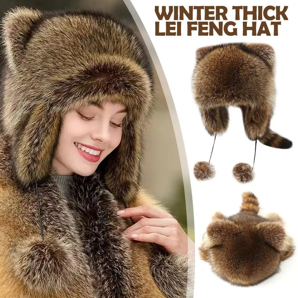 New Lovely Plush Hat For Adult Children Teens Outdoor Commute Windproof Raccoon Tail Hat Russian Winter Keep Warm Hat X0M7