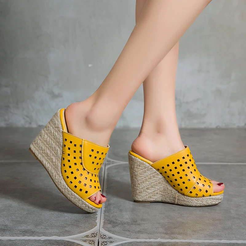 Cut-outs Platform Women\'s Slippers Wedge Heels Mules Shoes Summer Sandals For Women Open Toe Knitted Wedge Shoes Large Size 45