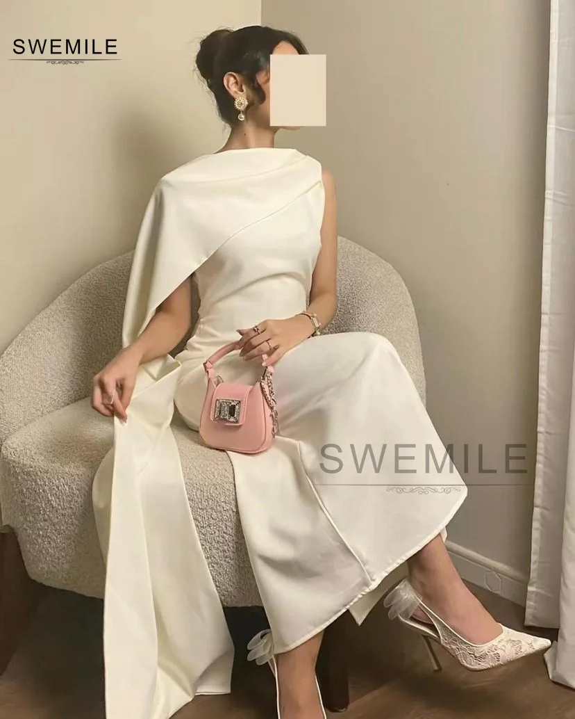 SWEMILE Saudi Arabric One Shoulder Prom Dresses Formal Simple Dubai Prom Gowns For Women 2024 Ivory Crepe Long Evening Dresses