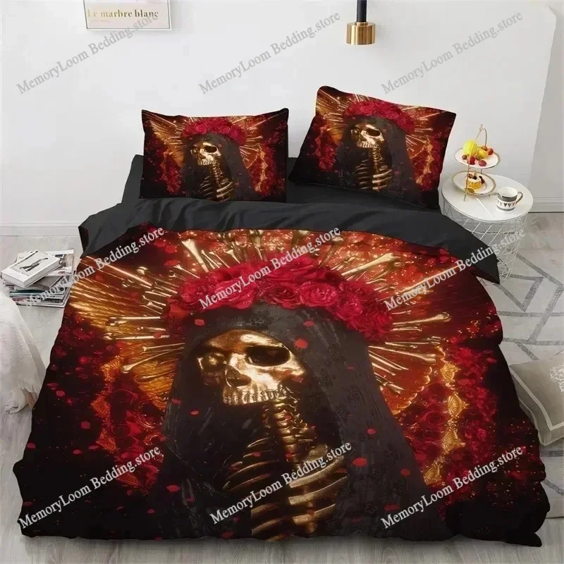 Skull Duvet Cover Queen Size Microfiber Vintage Sugar Skull Girl Day of The Dead Bride with Dark Color Roses Graphic Bedding Set