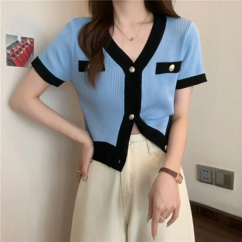 V-neck Sleeved Knitted T-shirt for Women Summer Short Single Thin Blusas Clothes for Women Tops Shirts Blouses