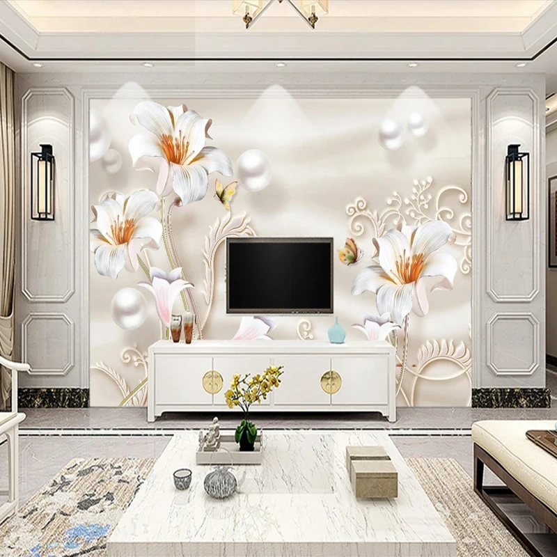 Custom Groot Formaat Luxe Behang Europese 3d Lelie Bloemen Parel Zijde Schilderij Muurschildering Tv Achtergrond Muur Decor Home Design