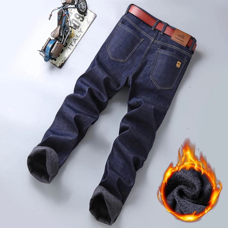 2023 Winter Denim Jean Straight Brand High Quality Cotton Pants Men Large Size Winter Warm Thick Fleece Men's Jeans