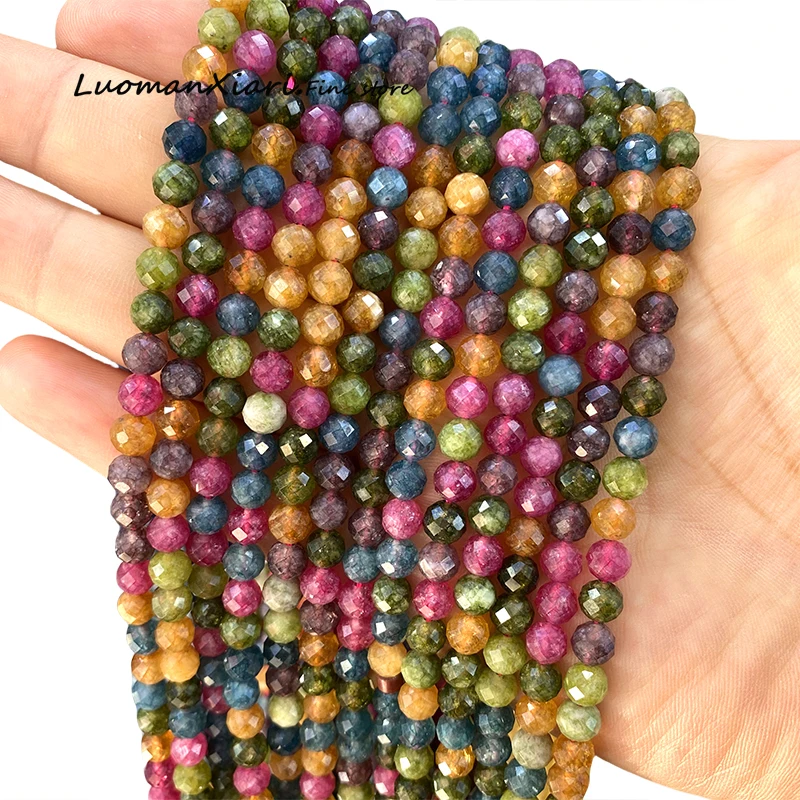 6MM Natural Gem Stone Faceted Tourmaline Chalcedony Loose Round Spacer Beads for Jewelry Making Diy Bracelets Charms Accessories