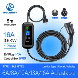 Kolanky Portable EV Charger IEC62196-2 16A 3.6kw EVSE Charging Cable Type1 SAE J1772 EU Plug Wallbox for Electric Car 5M