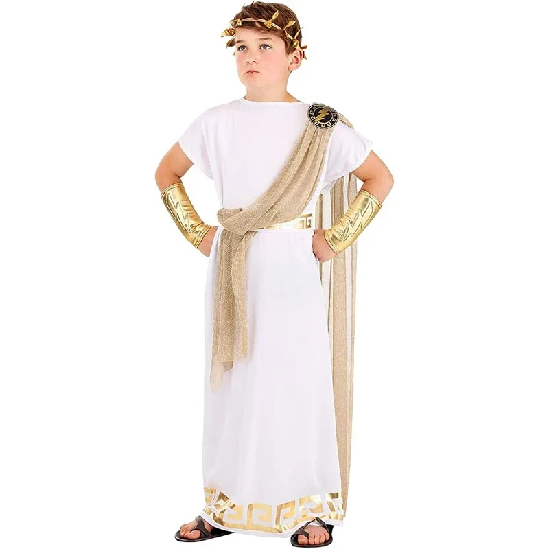 Ragazzo Dio greco Toga Purim Halloween Dress Up Grecia antica Bambini Zeus Costume Carnevale Abiti da festa Gioco di ruolo per feste Cos Senza parrucca