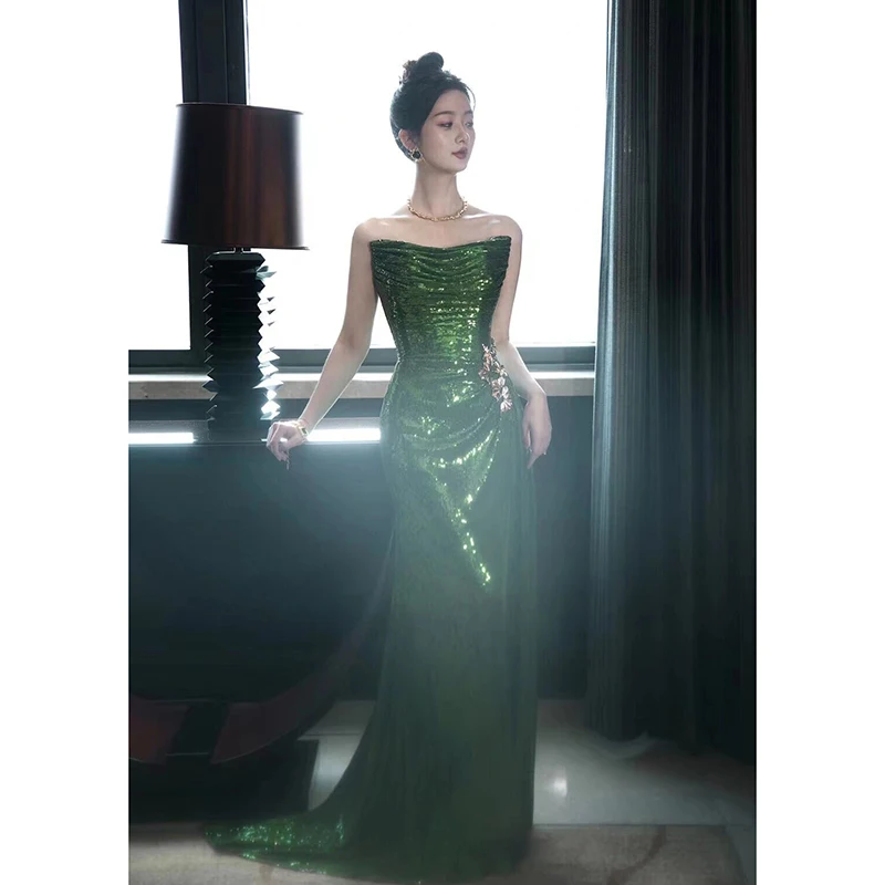 Customized Luxury Sequins Green Mermaid Evening Dress Sexy Strapless Glittering High-Split Prom Formal Gowns Vestidos De Noche