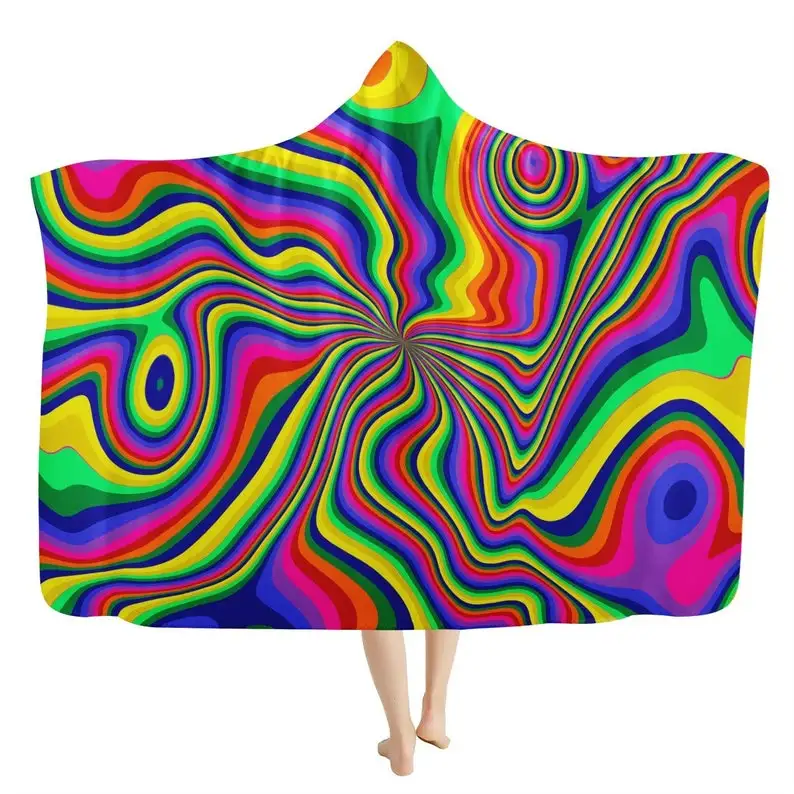 Neon Pour Rainbow Swirl Hooded Blanket - Trippy EDM Music Festival, Psychedelic Colorful Rave Cozy Throw, Soft Wearable Blanket