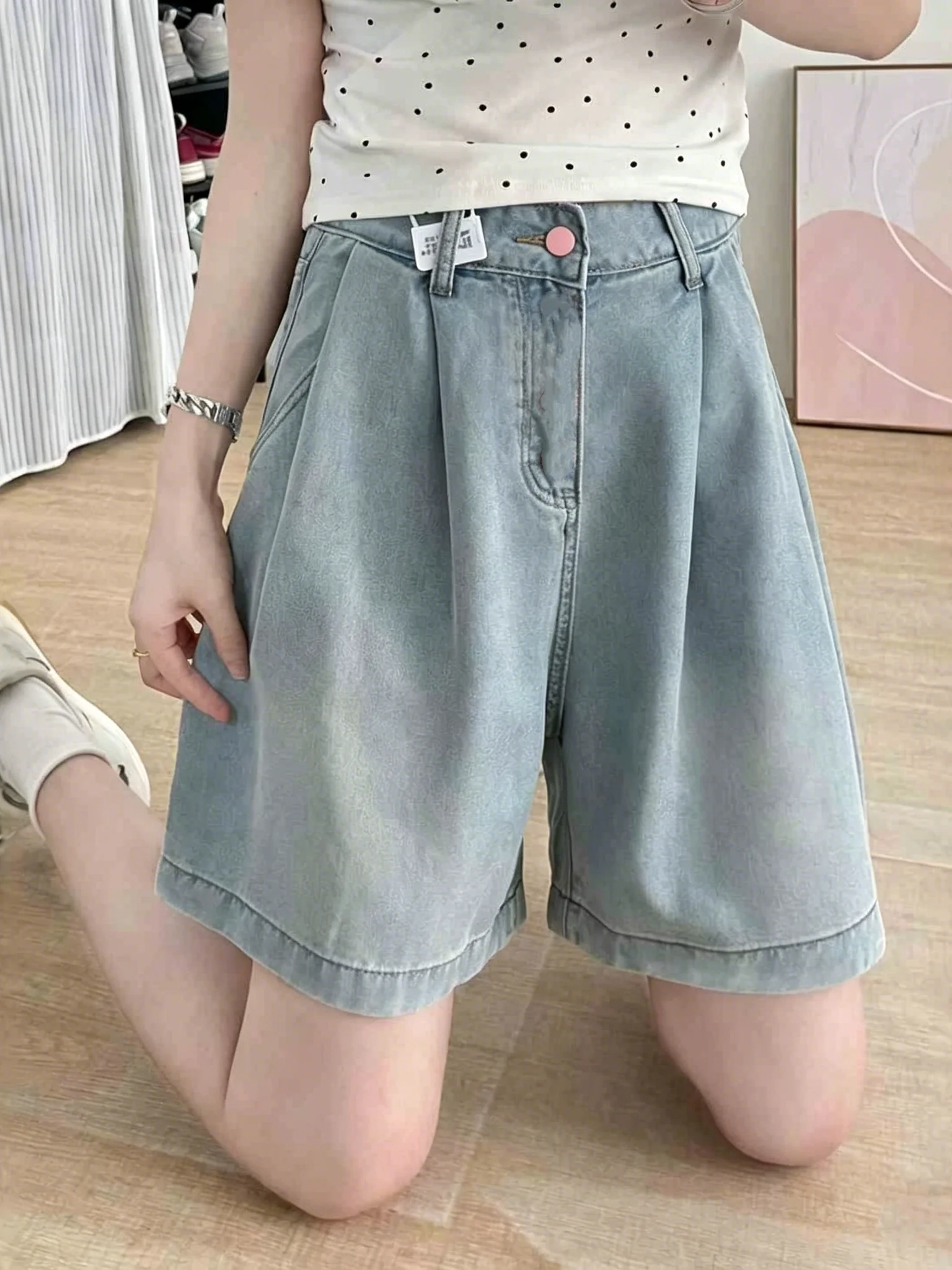 

High Waist Wide Leg Denim Shorts Five Minutes Drapey Casual Loose Fit Summer Women's Jeans Blue Cotton Blend
