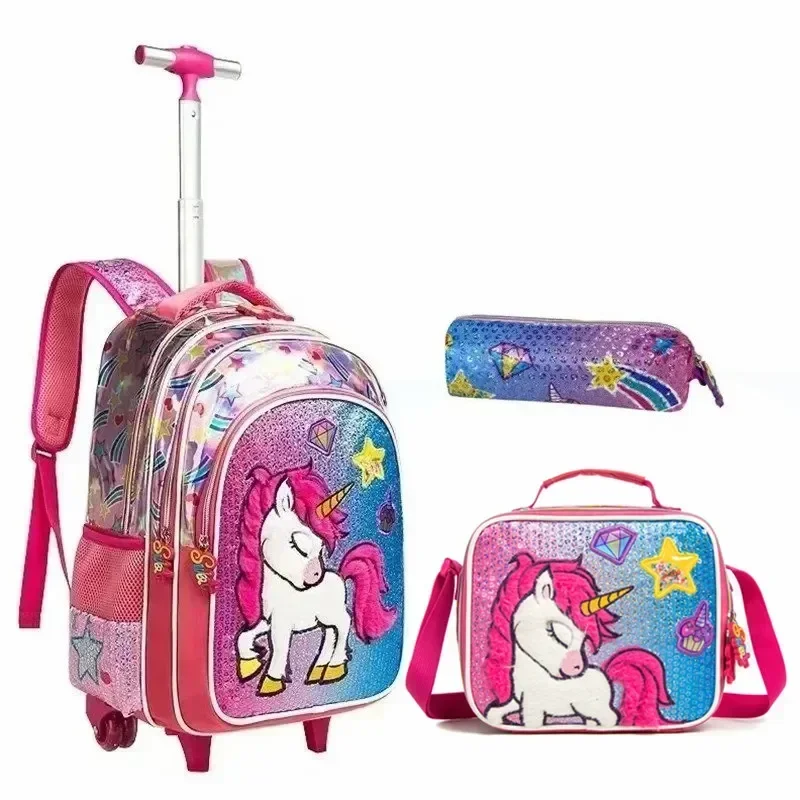 3PCS School Backpack with Wheels for Girls Kids Lovely School Bag Trolley Bookbag Carry on Luggage with Lunch Box Bags Mochila