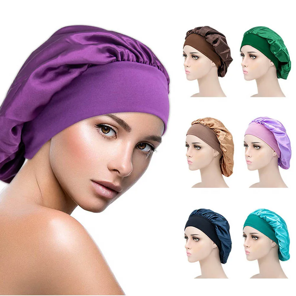 

Elastic Wide Hair Care Night Sleep Lady Bath Nightcap Sleeping Hat Hair Cap Satin Bonnet Shower Caps