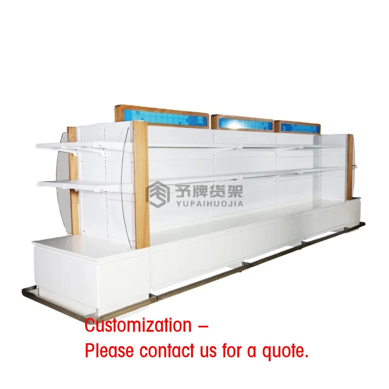 custom.Double-Sided Heavy Duty Metallic Supermarket Display Rack with Gondola Shelving Durable & Easy Installation